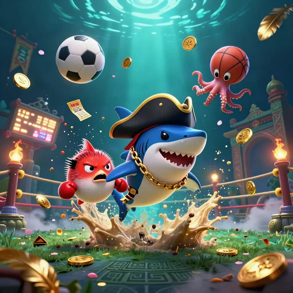 Pirate shark, boxing pufferfish, and juggling octopus amid gold coins, balls, and underwater light.