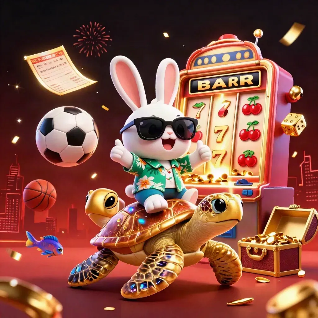 Lucky rabbit rides a golden sea turtle as casino symbols burst through a dark neon sky.