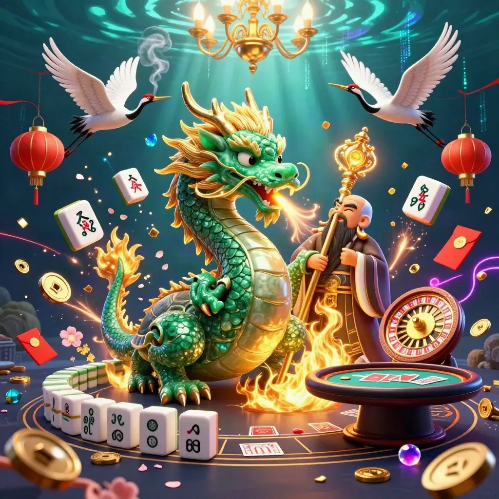 Jade dragon, turtle sage, and cranes in a flashy casino-fantasy scene with gold fire and lanterns.