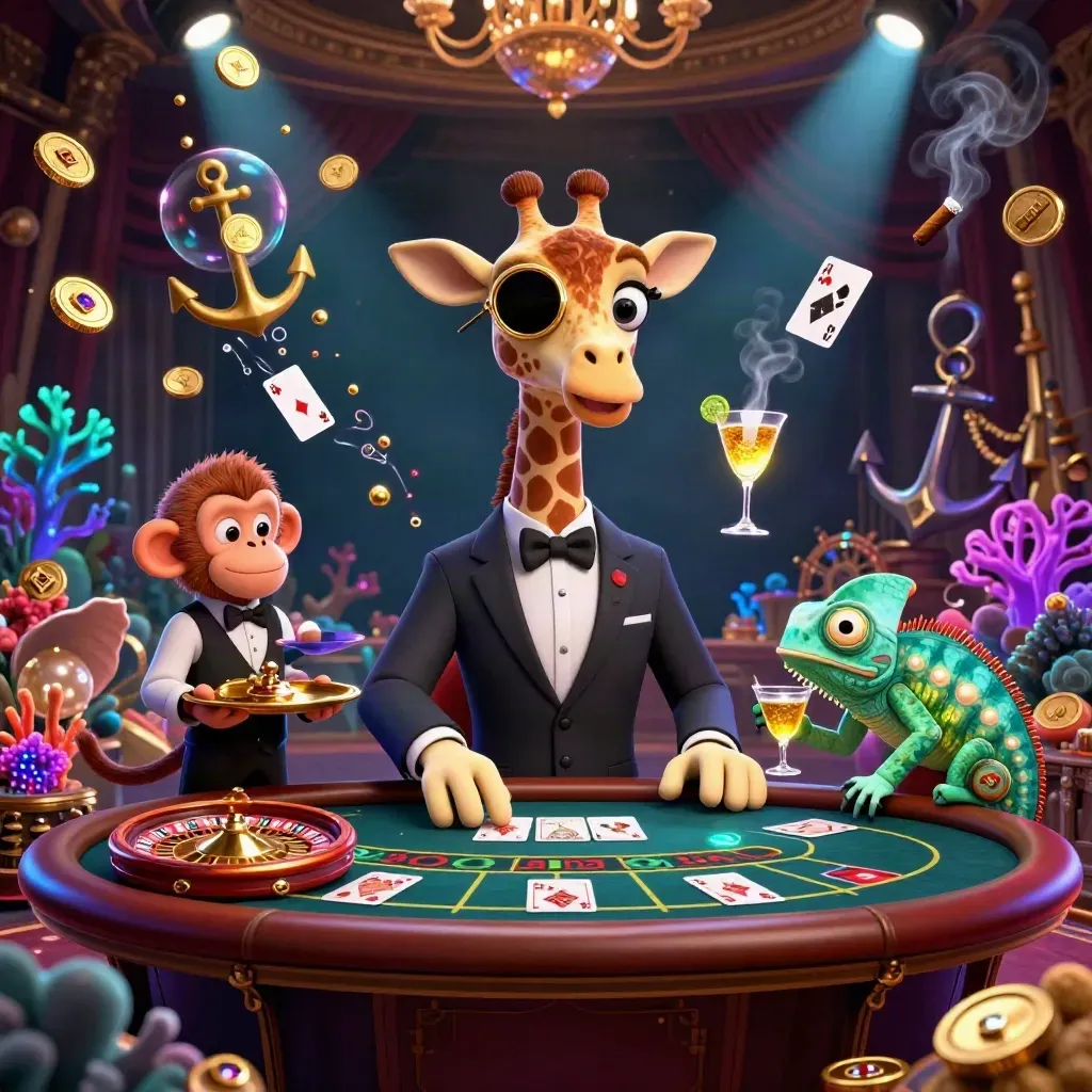 Giraffe, monkey, and chameleon in a luxe casino-treasure scene with glowing cards and coral