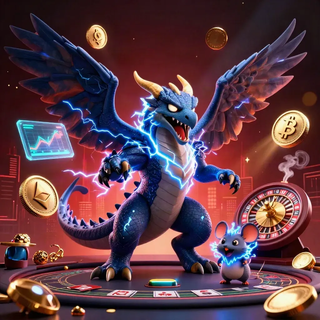 Thunder dragon, wind hawk, and static mouse amid casino luxury and crypto glow