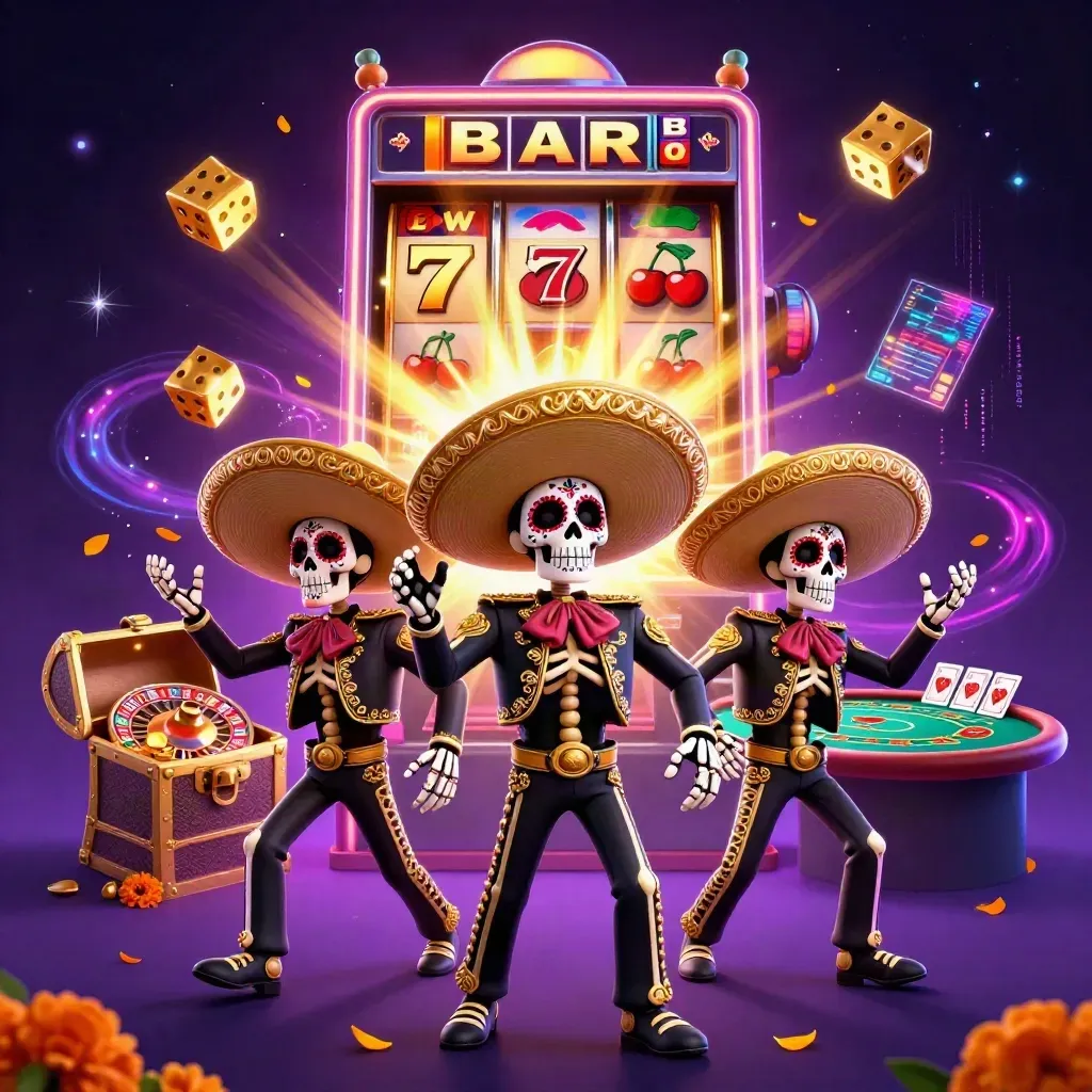 Three sugar-skull mariachi skeletons amid slot bursts, gold, dice, stars, neon energy, and a roulette wheel.