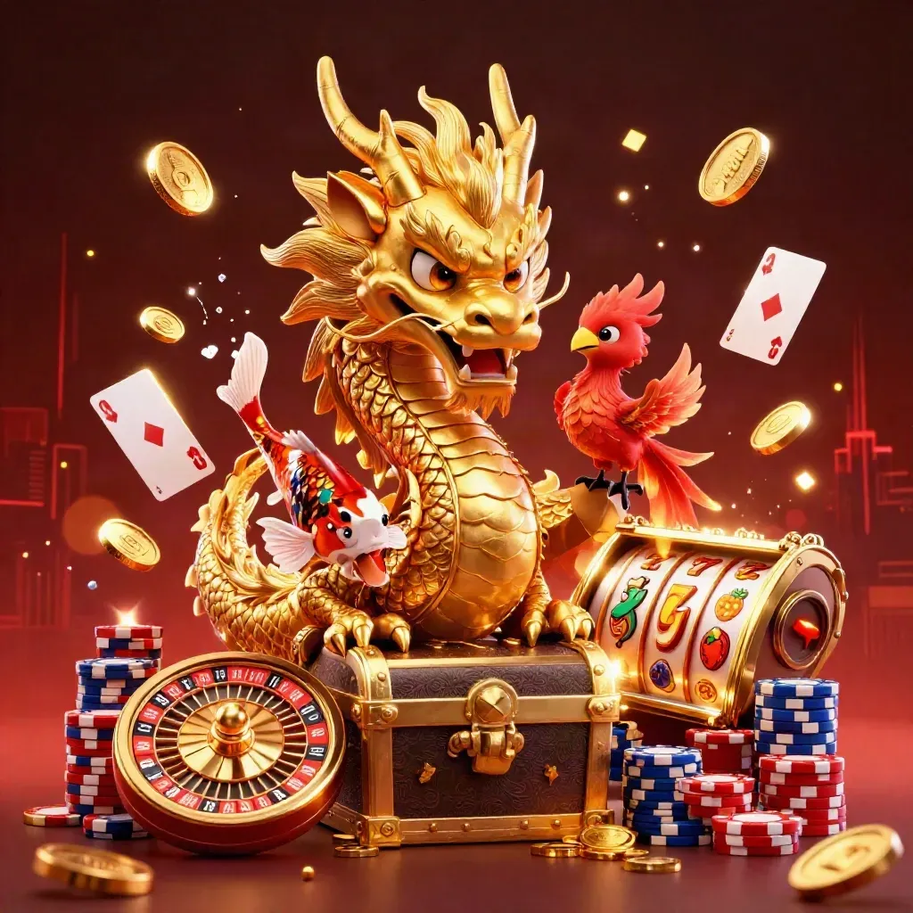 Golden dragon with phoenix and koi amid coins, gems, reels, chips, and casino lights.