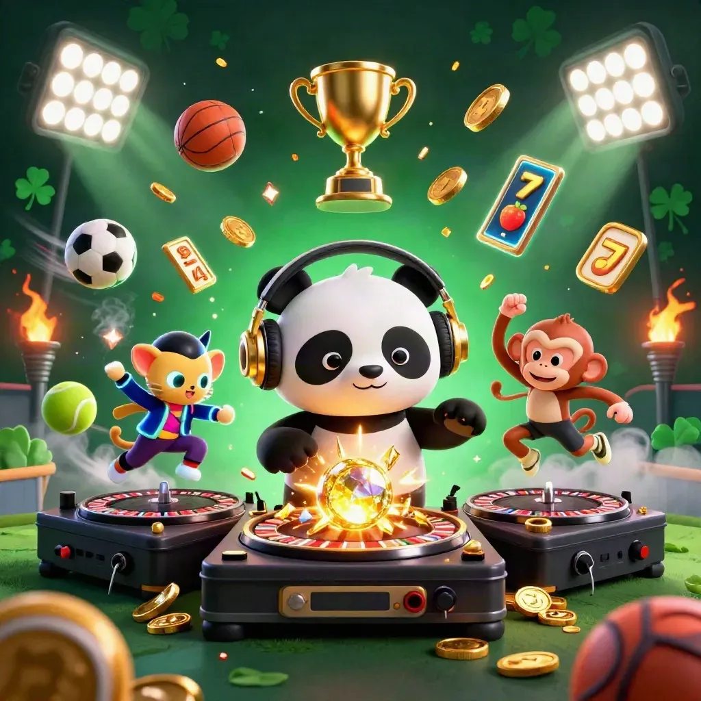 DJ panda, breakdancing monkey, and glow-stick kitten crowd around a glowing relic with coins and sports balls.