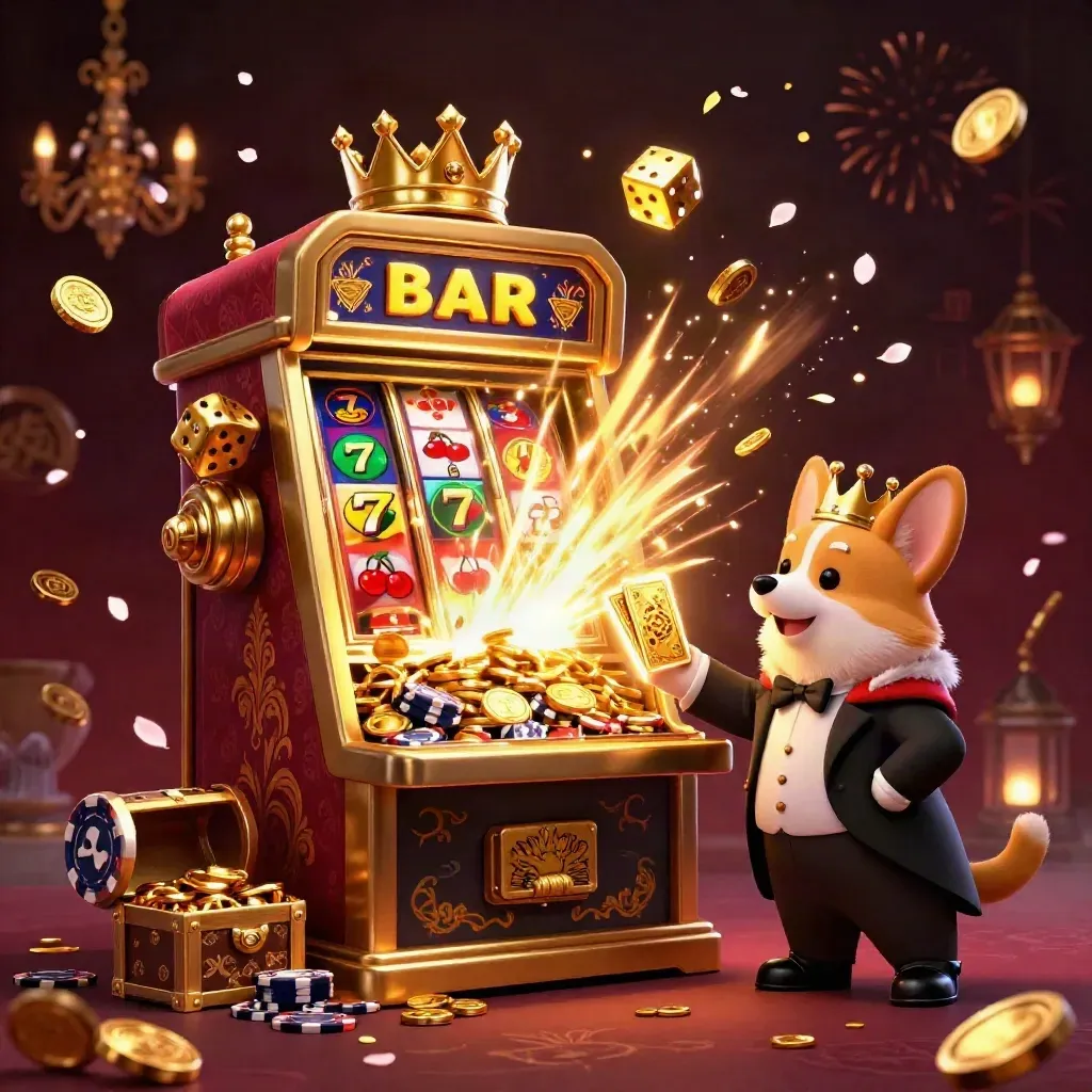 Royal corgi king and cat butler amid exploding slot symbols, gold coins, and jackpot light
