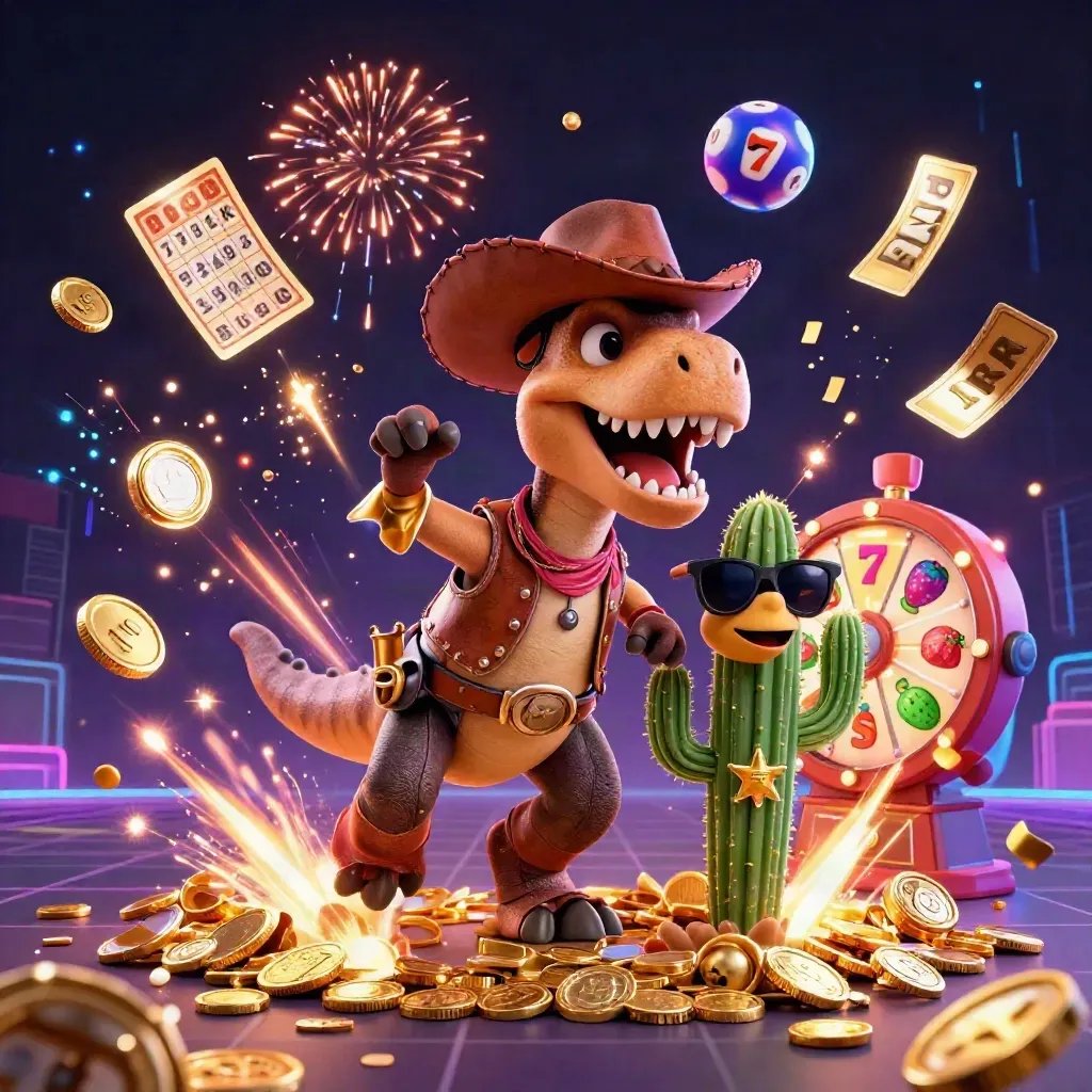 Cowboy T-Rex, cactus sidekick, and roadrunner burst through casino treasure with coins and fireworks.